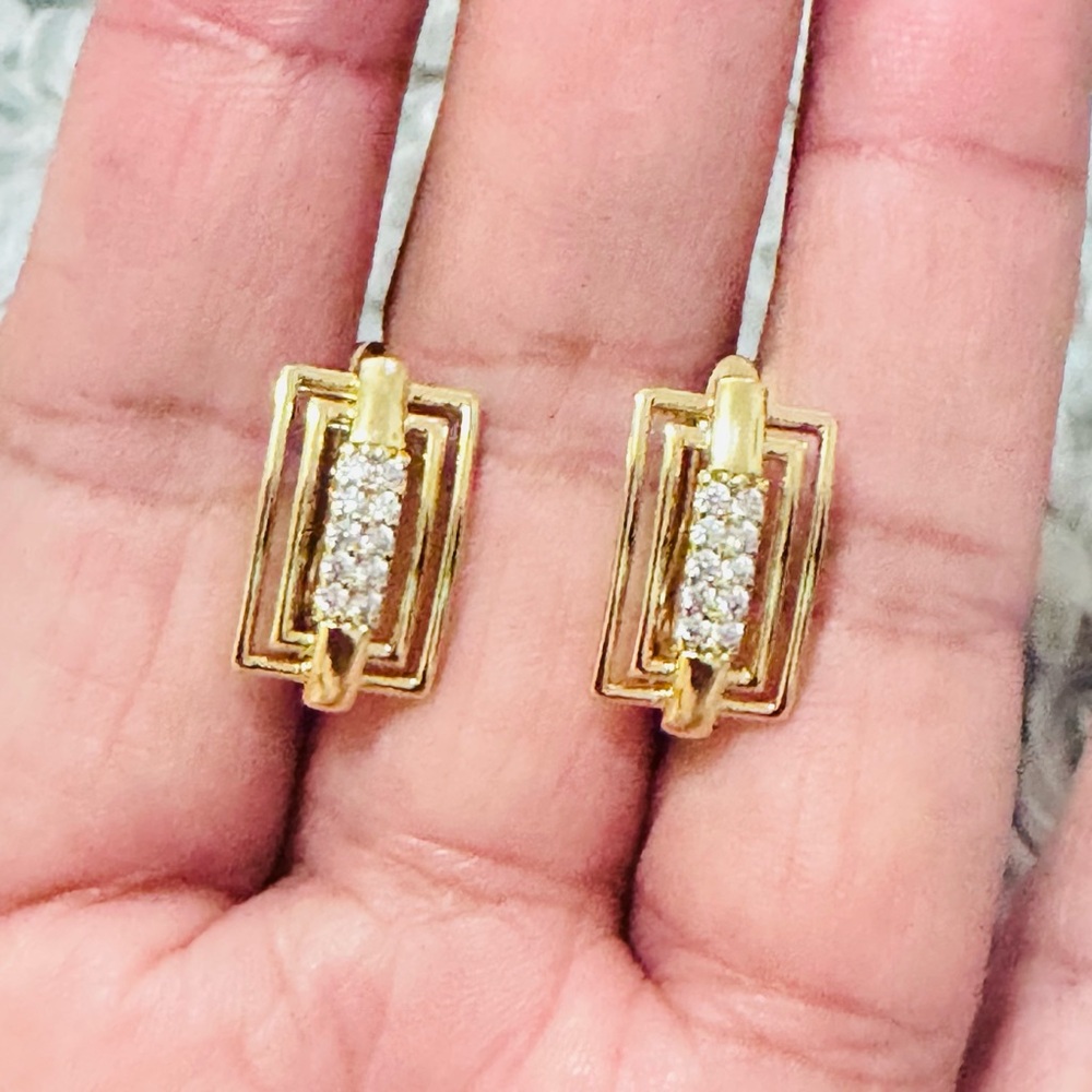 14K Gold Plated Rectangular Pave Crystal Stud Earrings. New